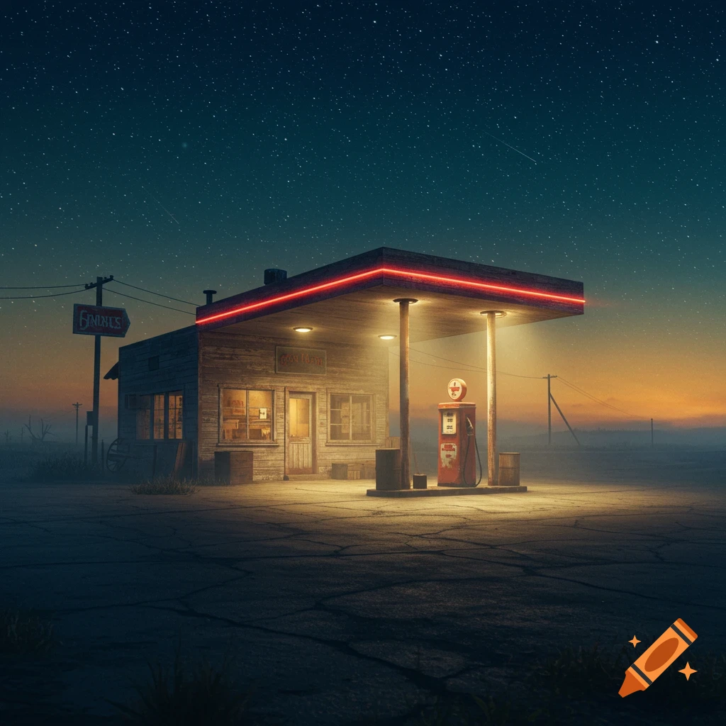 A rustic gas station with glowing red neon lights under a star-filled night sky, illuminated by bright lights on a cracked asphalt ground.