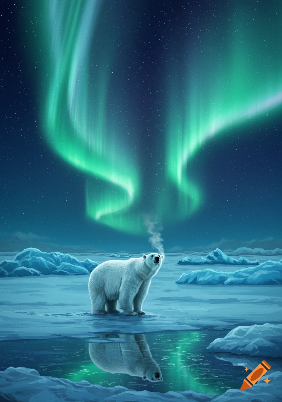 A white polar bear stands on an ice floe with its reflection in the water below a swirling green aurora borealis.