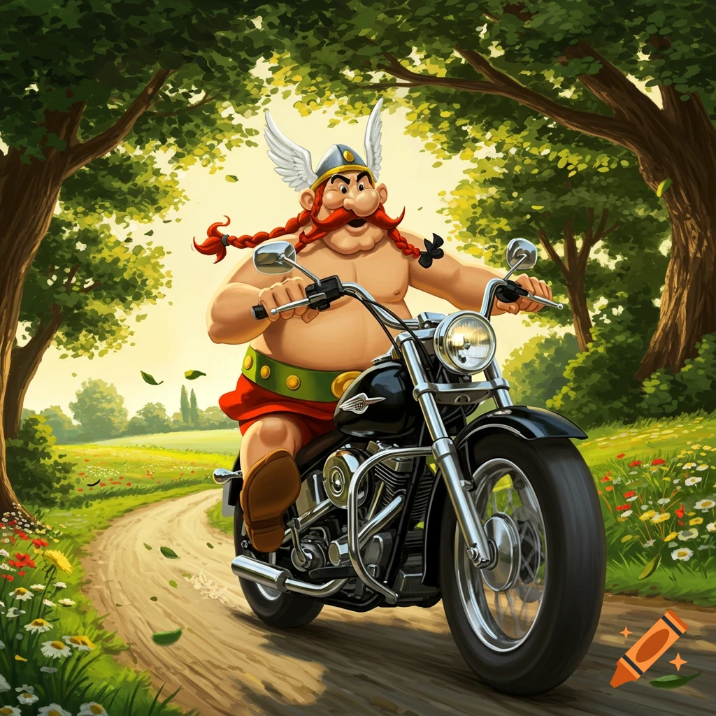 Cartoon character Obelix riding a black motorcycle down a dirt road through a sunny, green forest.