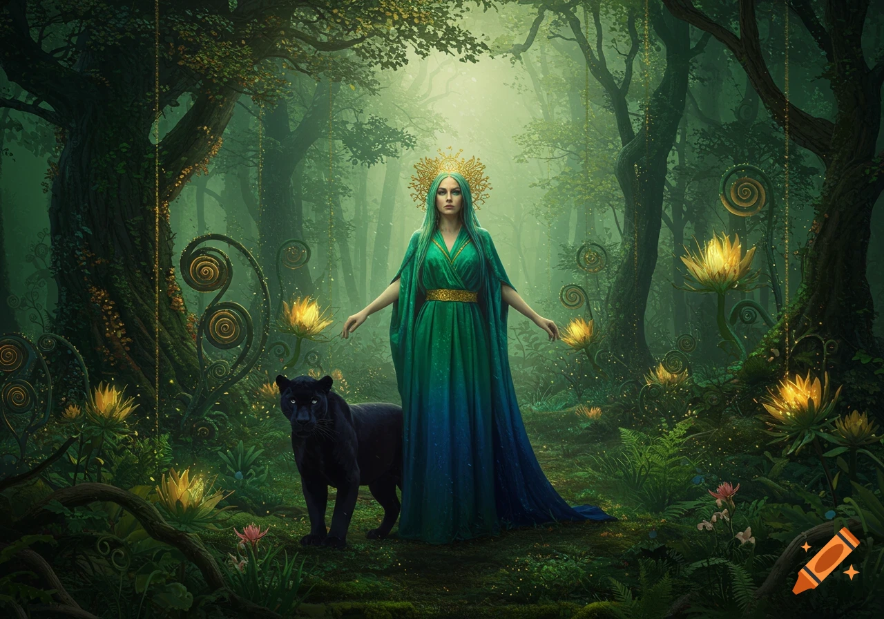 A goddess in a green and blue dress with a golden crown stands with a black panther in a mystical, glowing green forest, in a surreal art style.