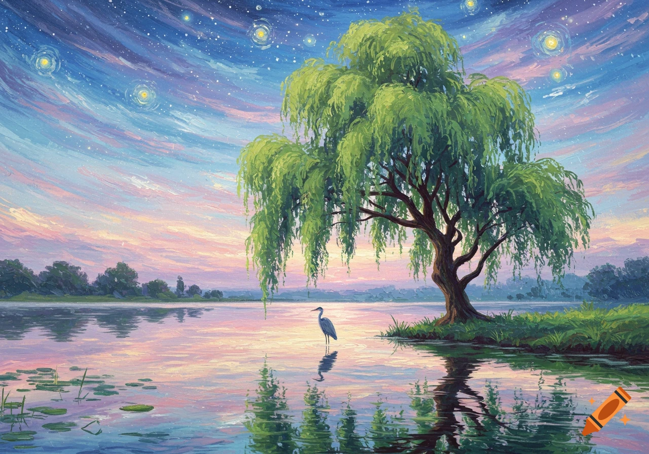 Impressionistic painting of a weeping willow by a lake with a heron. The sky blends blue and pink with starry swirls, reflecting in the water.