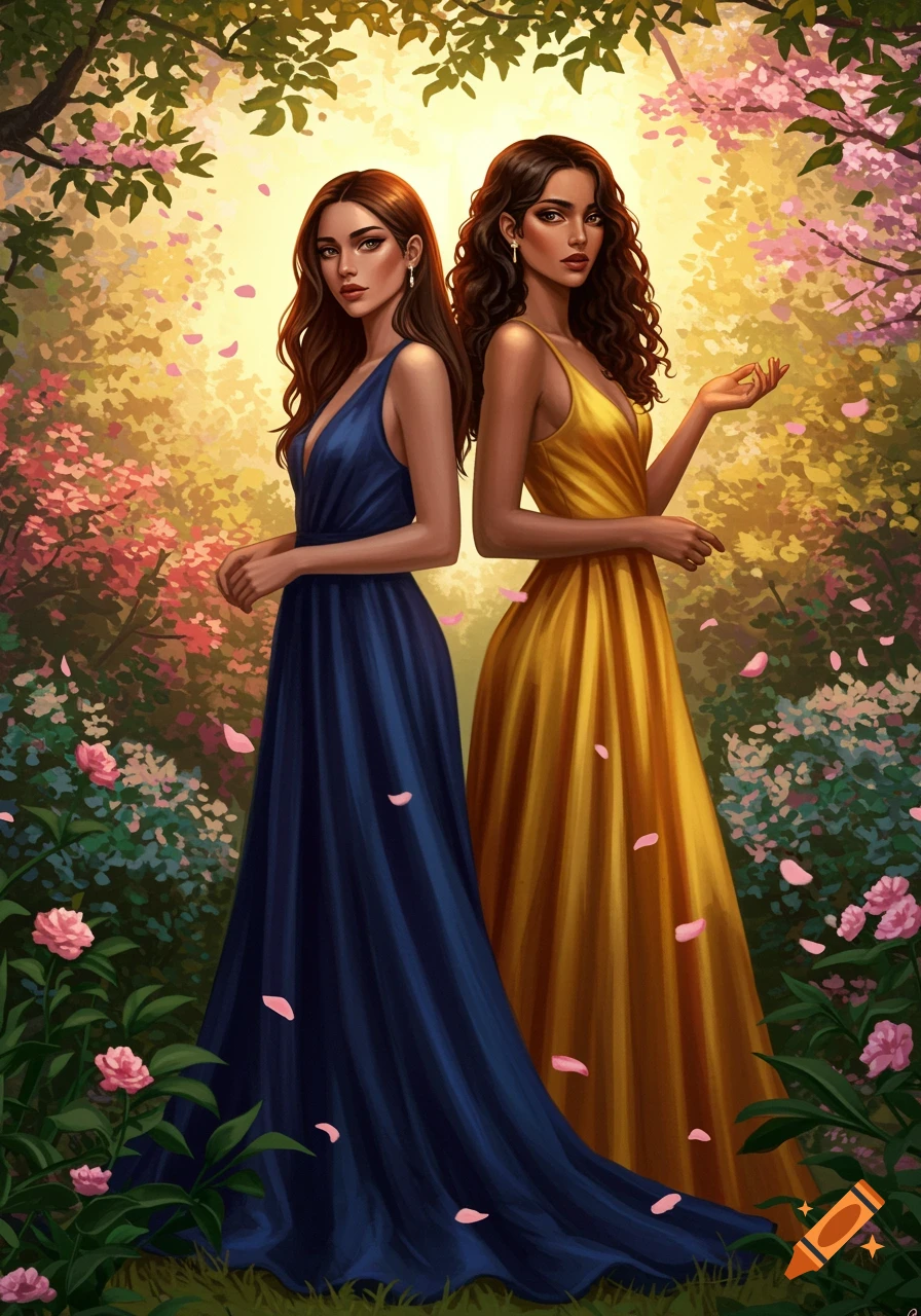 Two women in long dresses, one blue and one gold, stand in a vibrant enchanted garden with falling pink petals in a digital painting style.