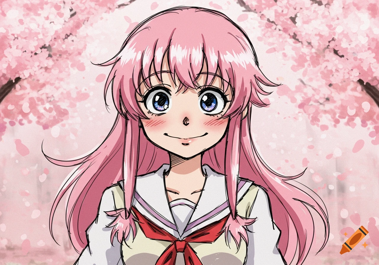 An anime girl with pink hair and blue eyes, wearing a school uniform, smiling against a background of pink cherry blossoms.