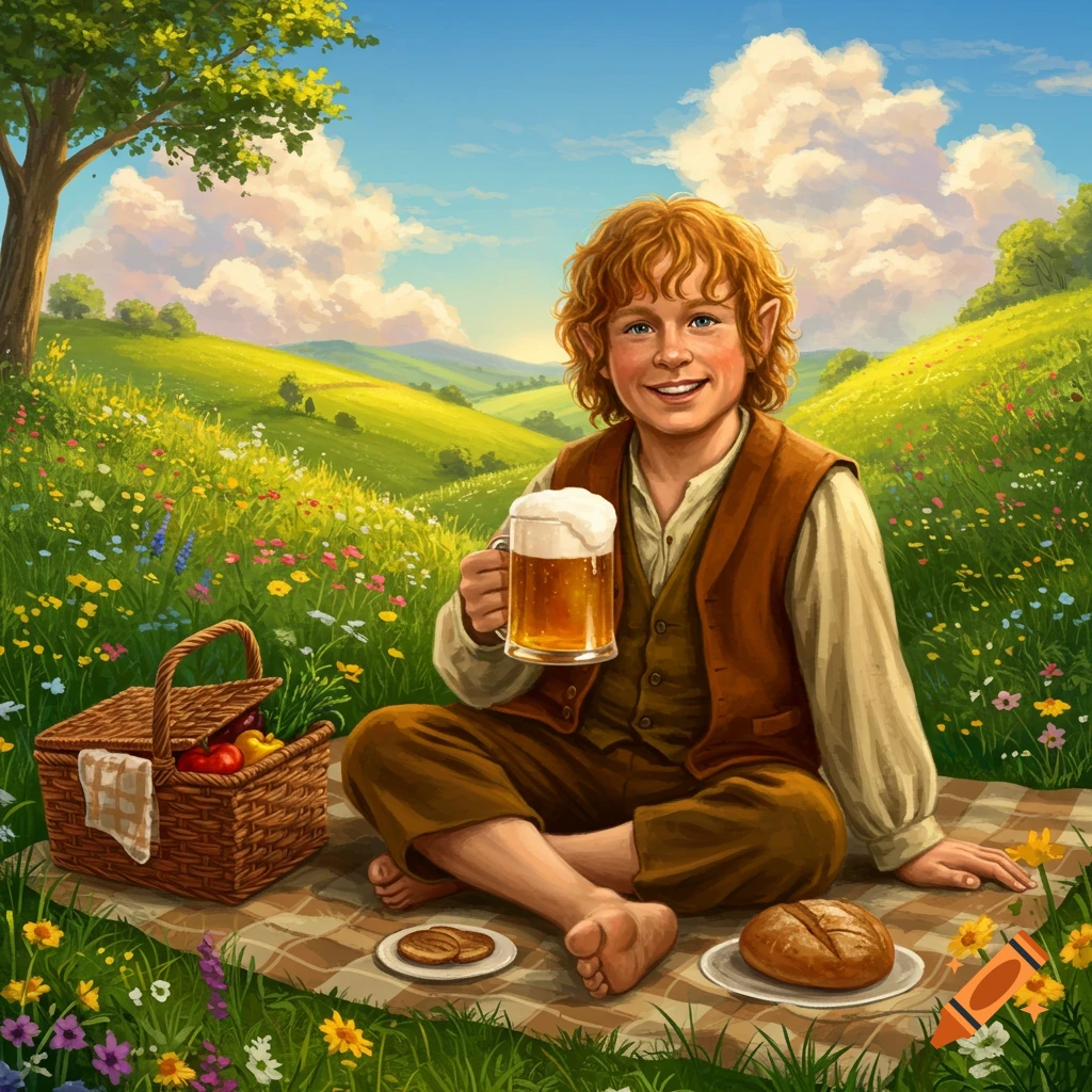 An illustrated hobbit-like character with red hair sits on a picnic blanket in a vibrant green field, holding a mug of beer and smiling.