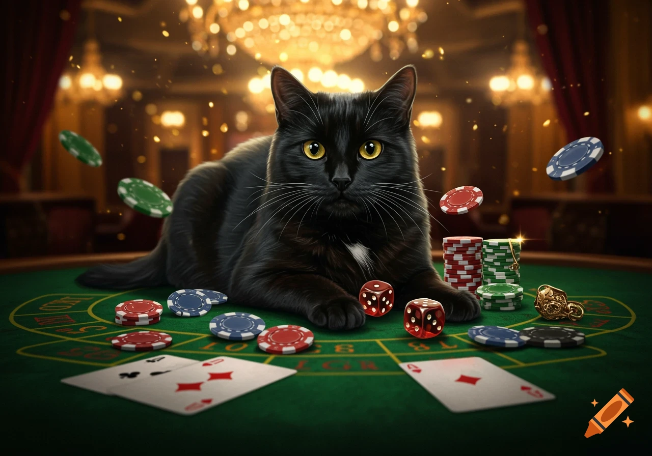 A black cat lies on a green poker table surrounded by playing cards, chips, and dice in a luxurious casino setting.