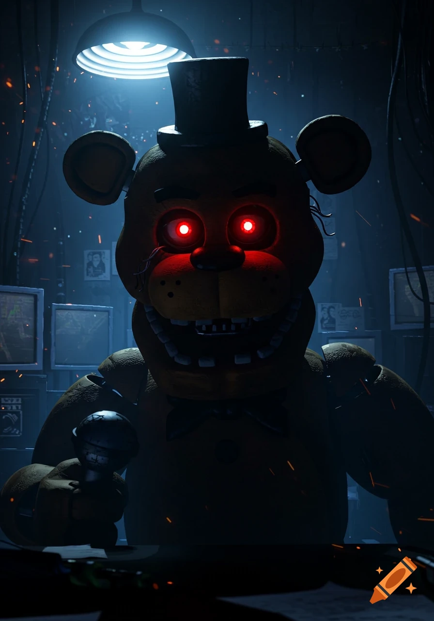 A photorealistic image of Freddy Fazbear with glowing red eyes, holding a microphone in a dark, cluttered room.