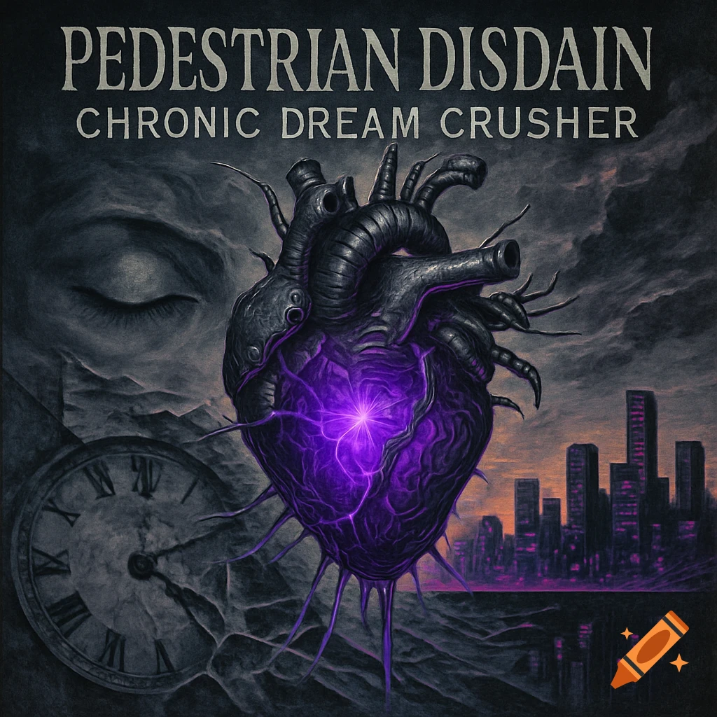Album cover featuring a stylized purple glowing heart, a closed eye, a clock, and a city skyline under a dark sky, with text 'PEDESTRIAN DISDAIN CHRONIC DREAM CRUSHER'.