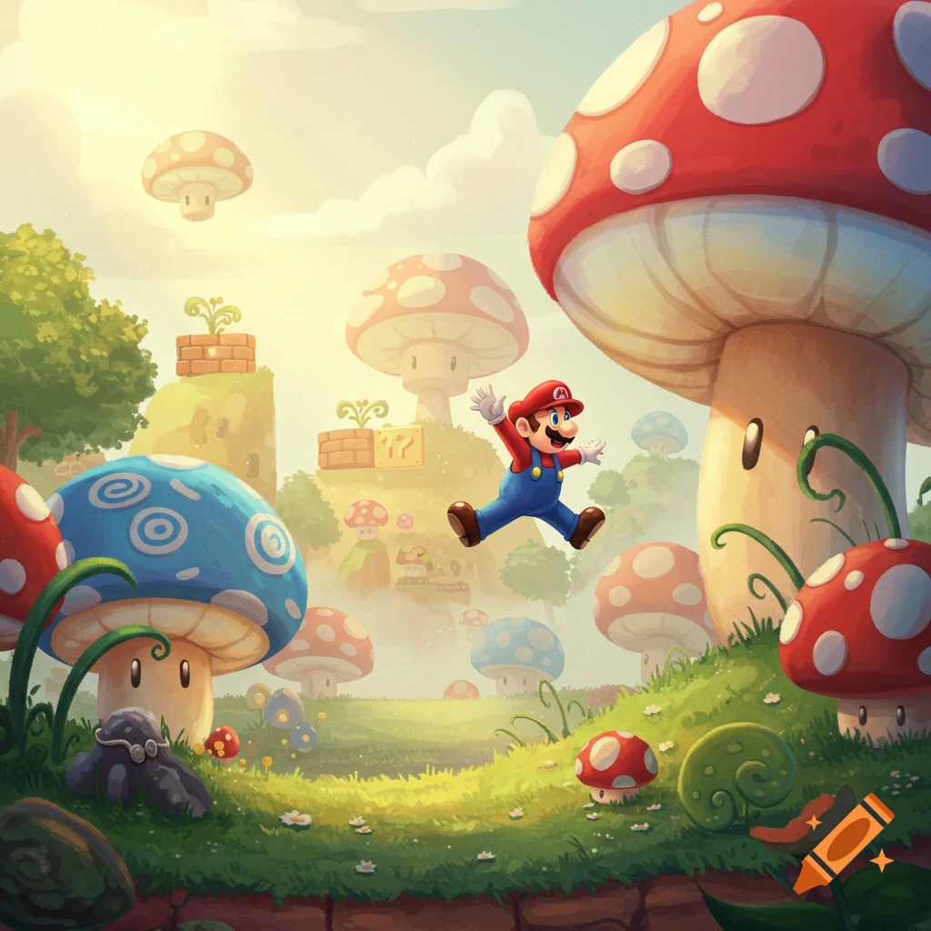 Mario jumps in a vibrant, stylized mushroom kingdom landscape with large red and blue mushrooms, brick blocks, and lush green hills.
