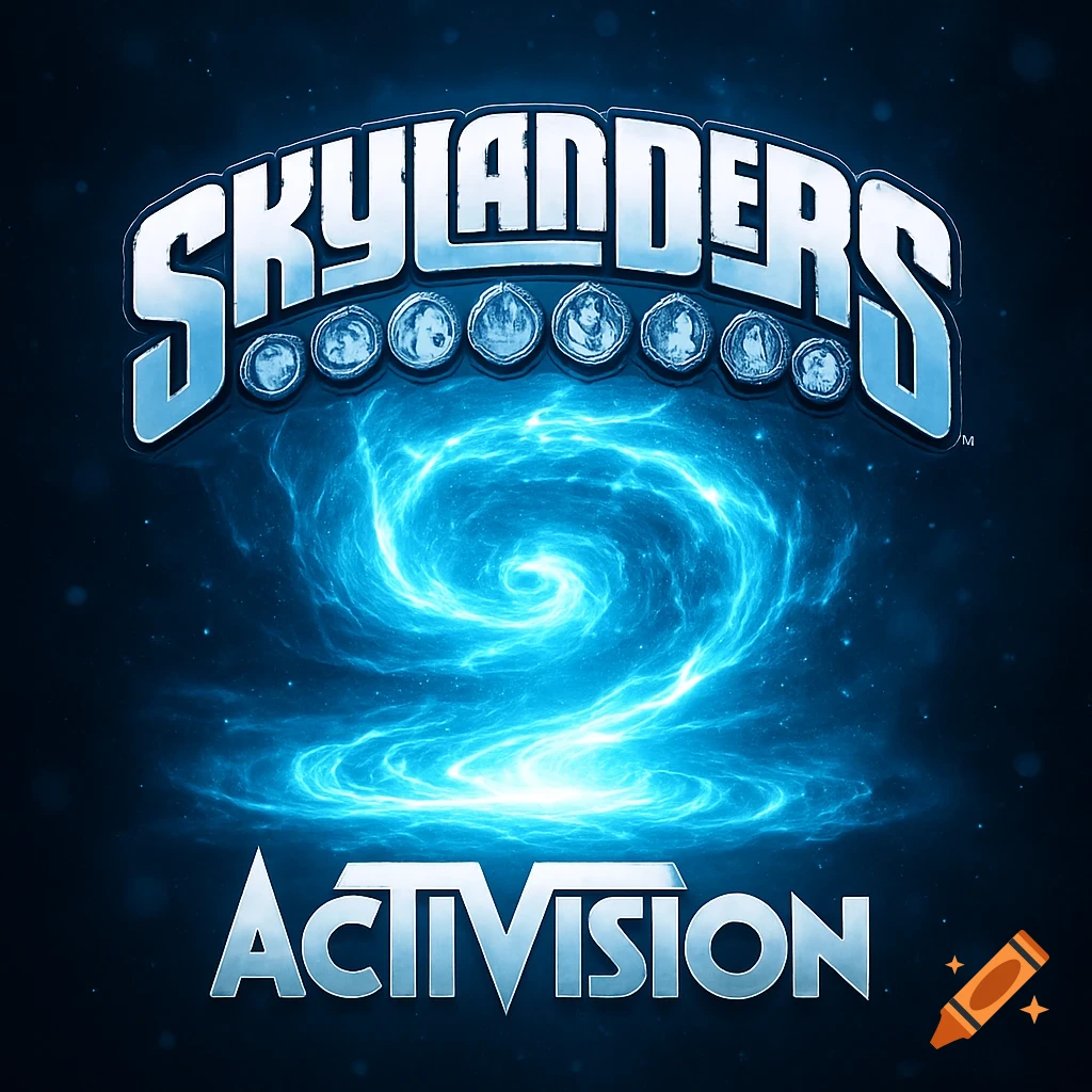 The Skylanders logo featuring blue swirling energy and the Activision logo on a dark background.