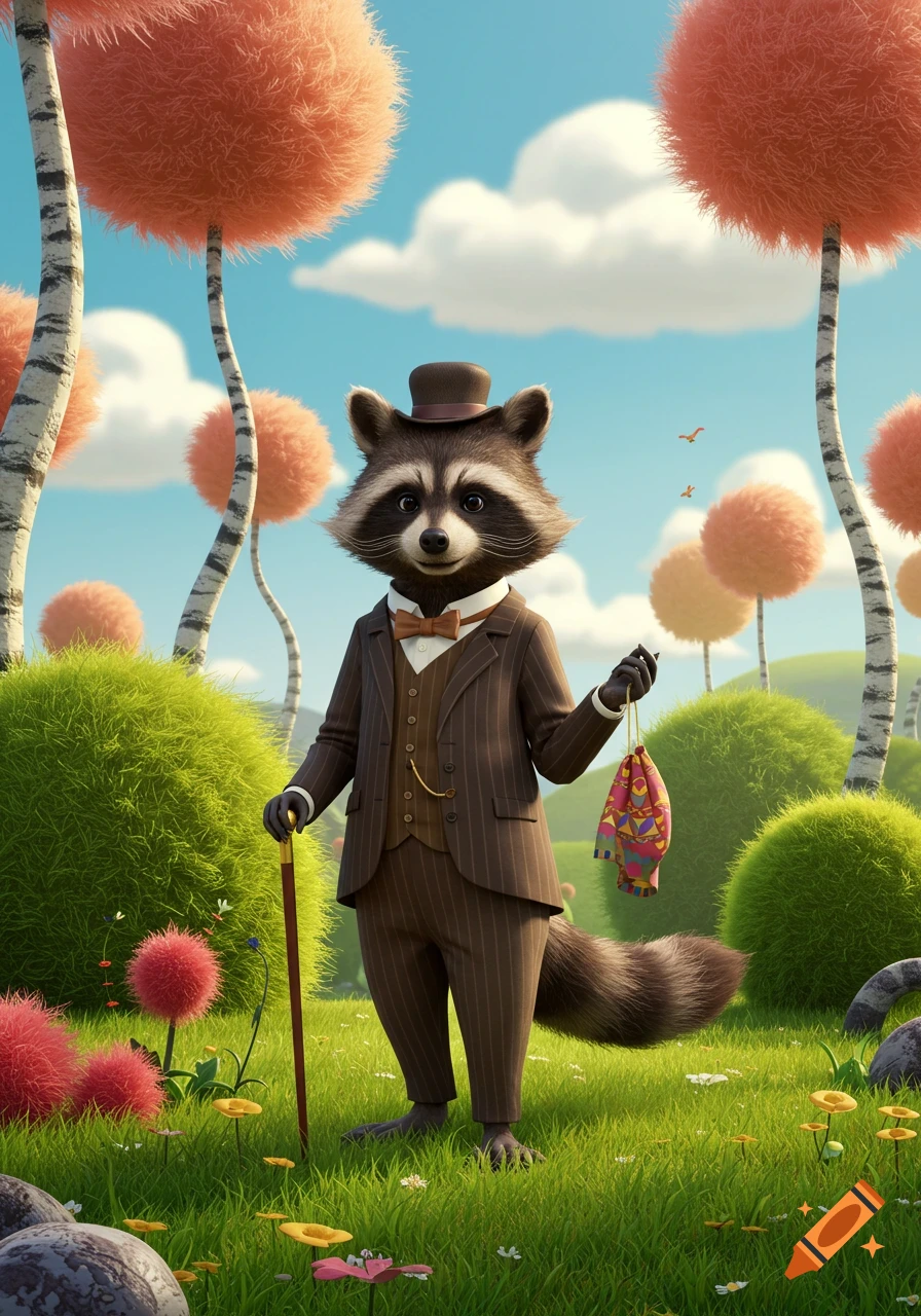 A dapper humanoid raccoon in a brown pinstripe suit, holding a cane and a colorful patterned bag, stands in a whimsical landscape with fluffy orange trees and green hills.