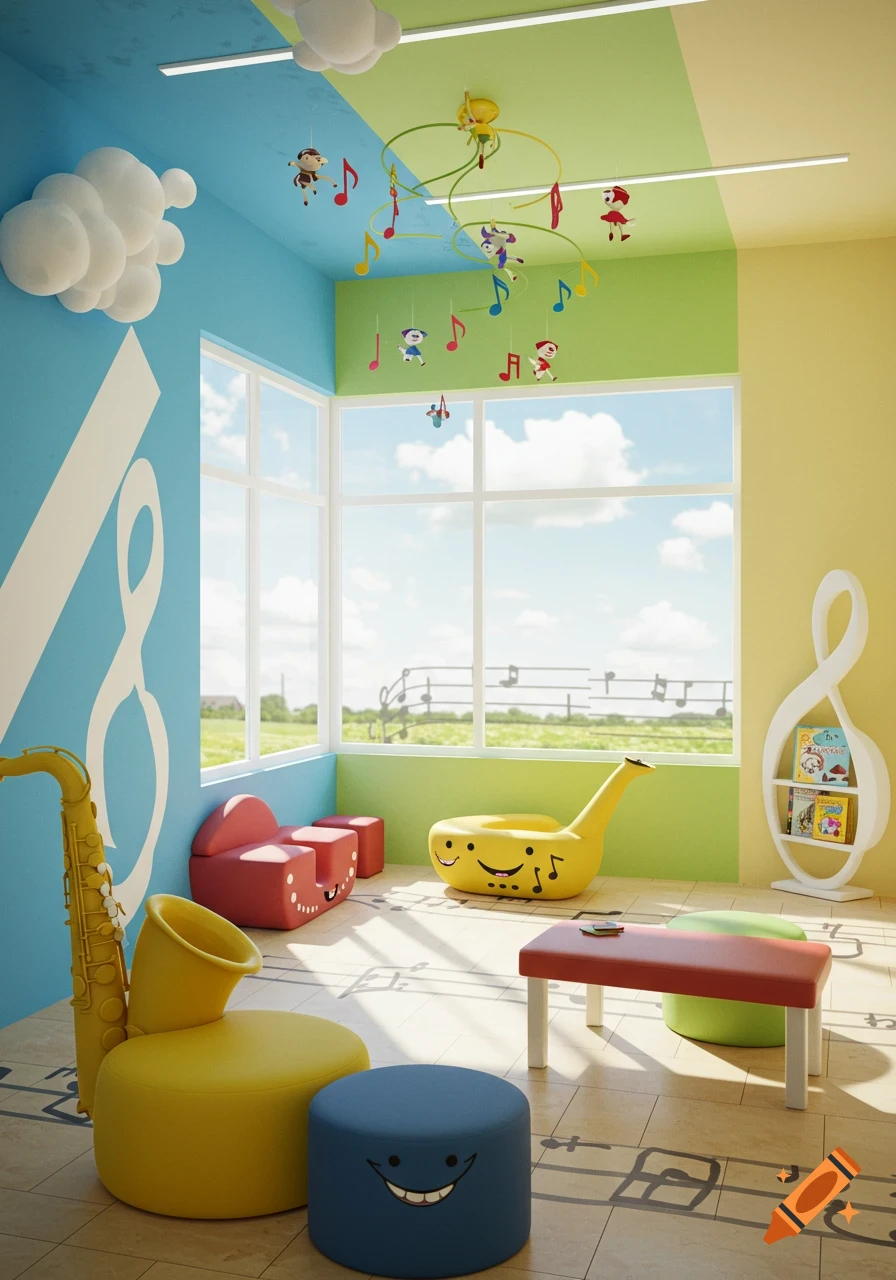 A colorful children's waiting room for music lessons with whimsical furniture, a large window, and musical notes decor.