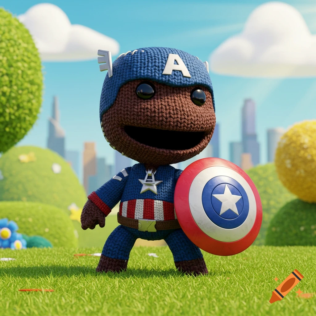 Sackboy dressed as Captain America with a shield in a grassy field.