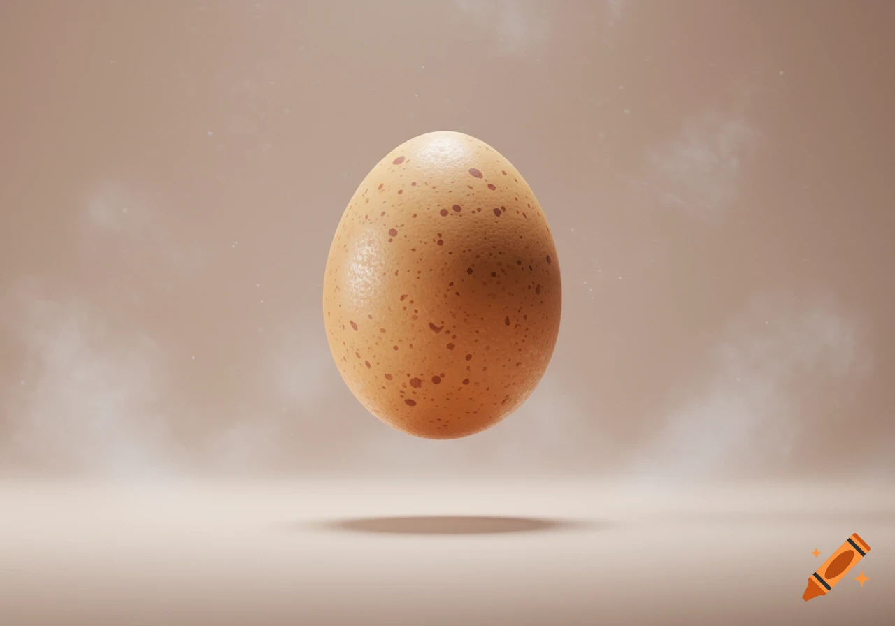 A speckled brown egg floats above a light brown surface, casting a soft shadow below.