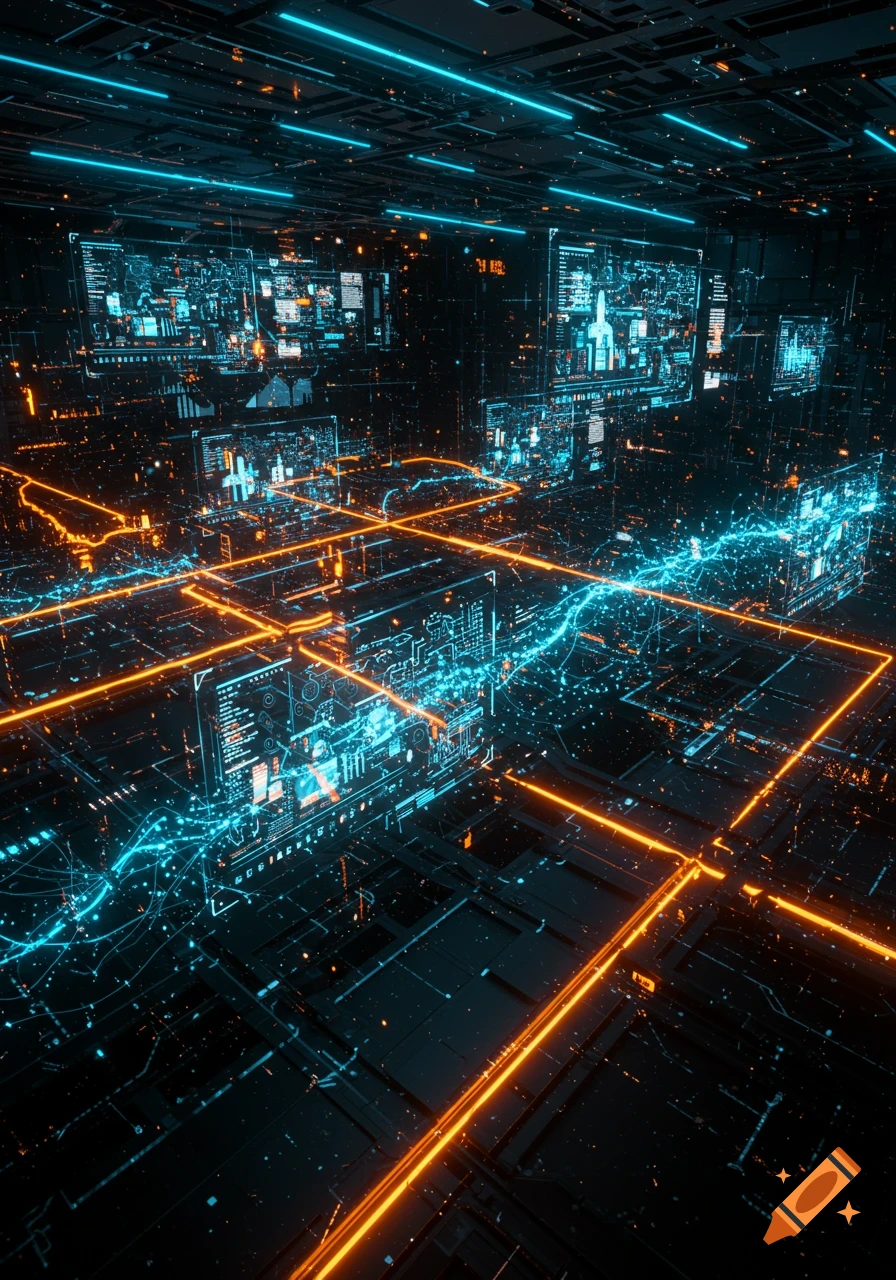 A dark, intricate technological landscape with glowing orange and blue lines representing circuits and data, featuring multiple screens displaying abstract data.