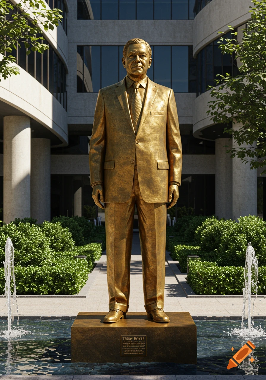 Photorealistic bronze statue of a man in a suit on a pedestal in front of a modern building with fountains and landscaping.