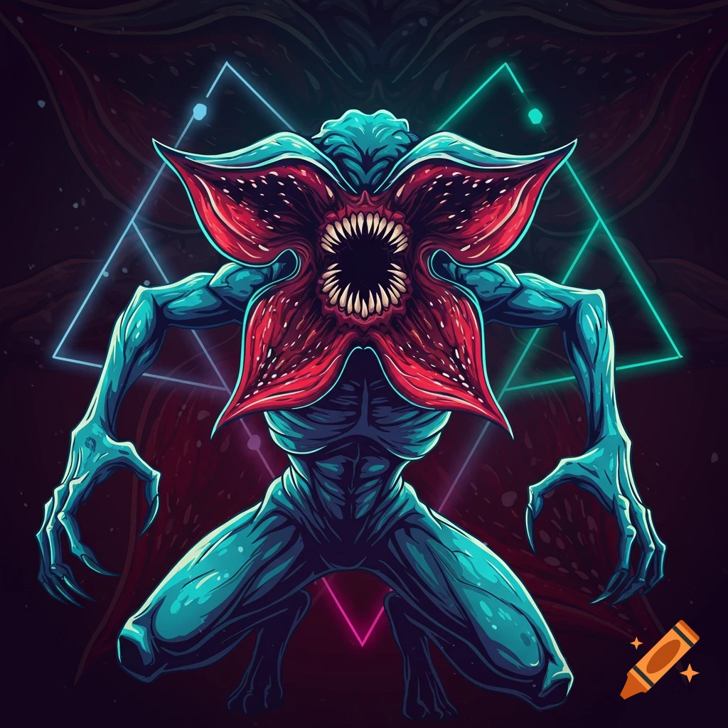 Colorful vector illustration of a Demogorgon monster crouching with its head open, revealing sharp teeth, against a dark background with glowing neon geometric shapes.