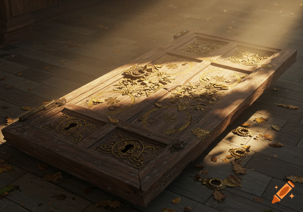 An ornate wooden door with intricate golden designs lies on a wooden floor, partially illuminated by a beam of sunlight, surrounded by fallen leaves.