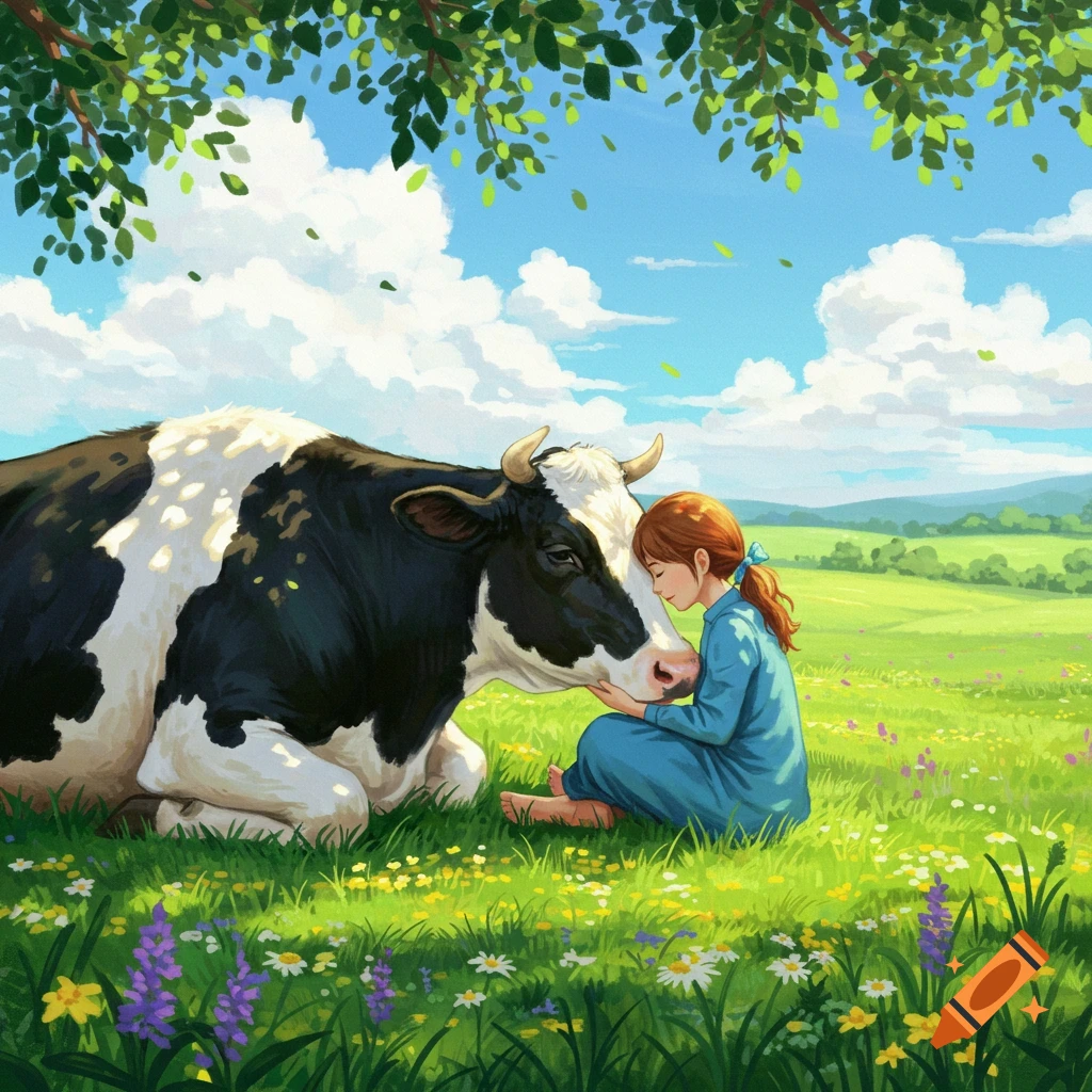 An illustrated scene of a girl sitting in a grassy field, gently resting her head on a black and white cow lying beside her under a tree.