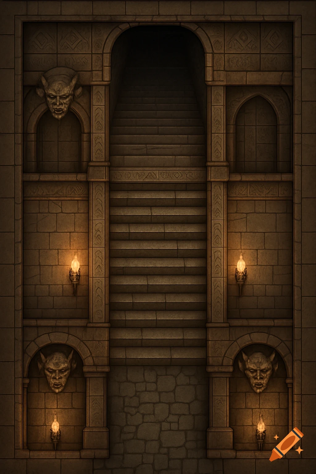 A dark, dungeon-like stairwell with stone walls, decorative carvings, gargoyle faces, and glowing torches.