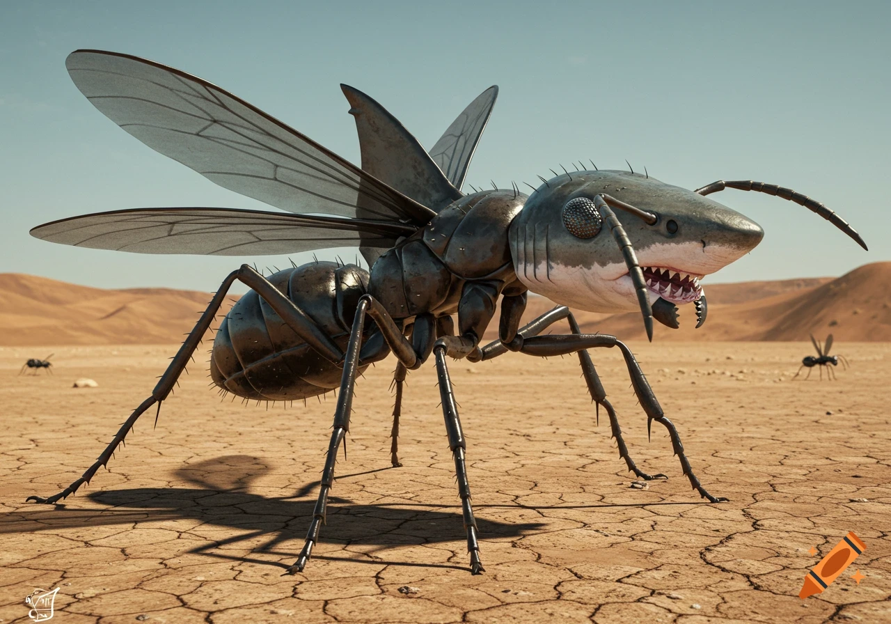 A large, detailed ant with a shark head and wings stands on cracked desert ground under a blue sky, with two smaller similar creatures in the background.