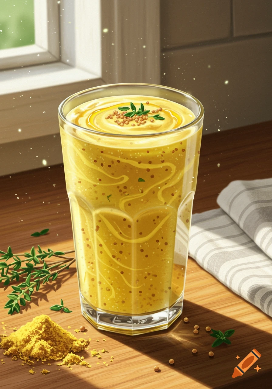 A bright yellow smoothie with mustard seeds and herbs in a glass on a wooden table, next to a pile of mustard powder, illuminated by sunlight.
