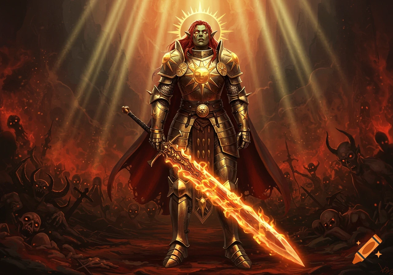 A paladin in golden armor with a flaming sword stands amidst demons and skeletons in a hellish landscape, bathed in divine light.
