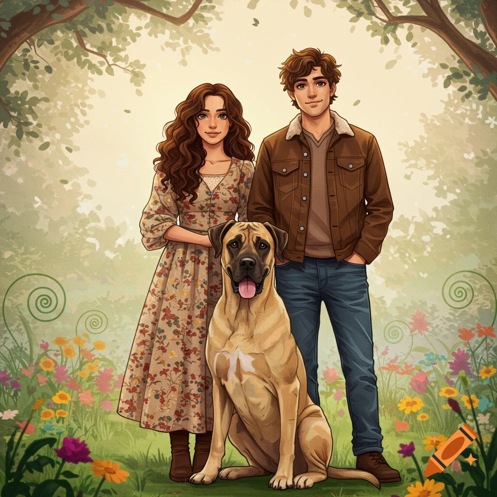 A man, a woman, and a large tan dog stand in a field of colorful flowers under trees in a whimsical storybook illustration style.