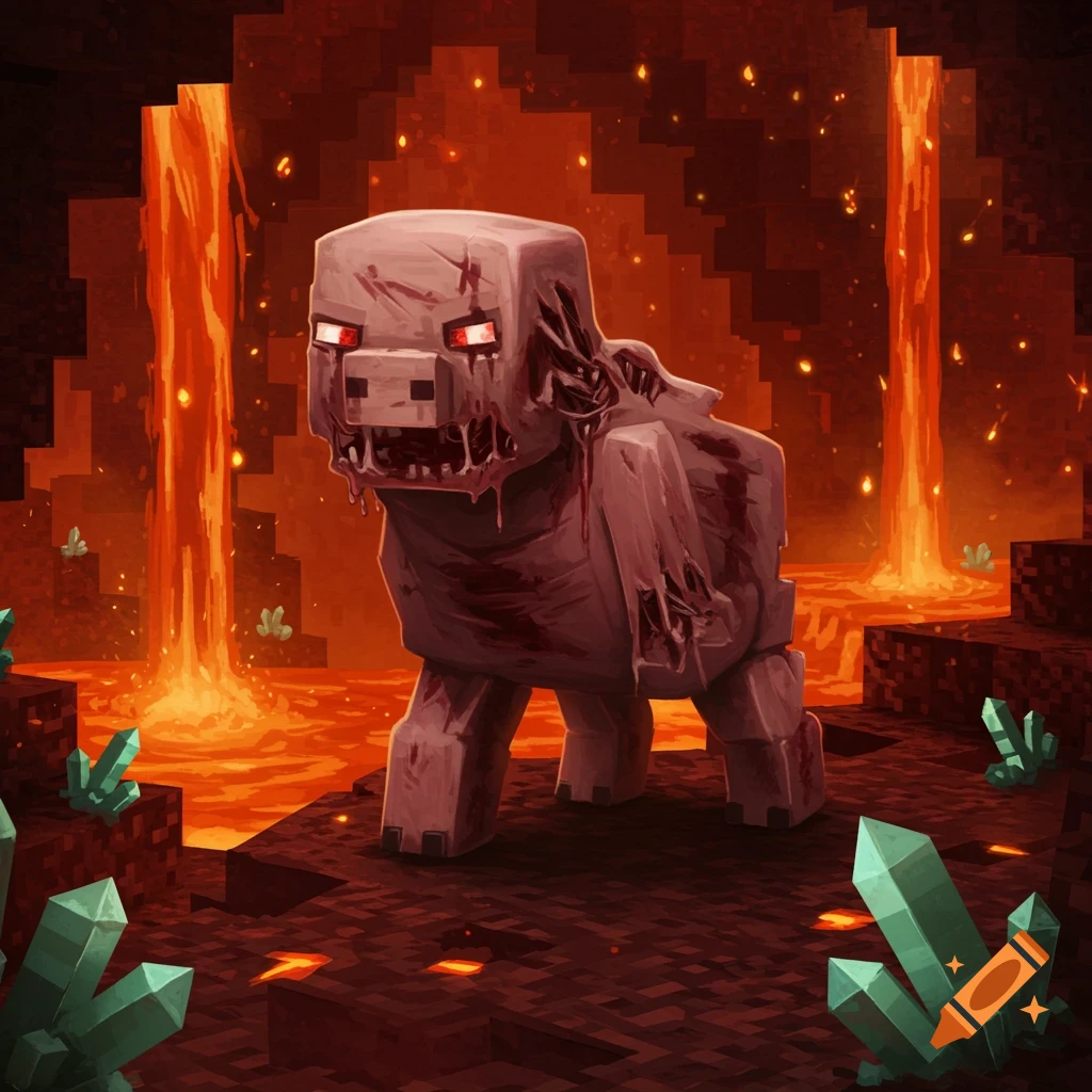 A zombie pigman from Minecraft with decaying skin and glowing red eyes stands in a Nether landscape with lava and glowing crystals.