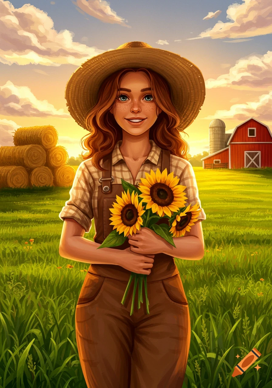 A smiling farmer girl with freckles and red hair, wearing a straw hat and overalls, holds a bouquet of sunflowers in a green field with a barn and hay bales at sunset.