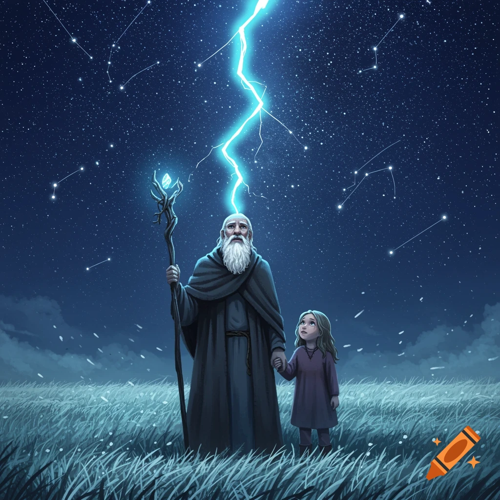 An old man and a young girl in a grassy field look up at a starry night sky, with lightning striking from the man's staff.