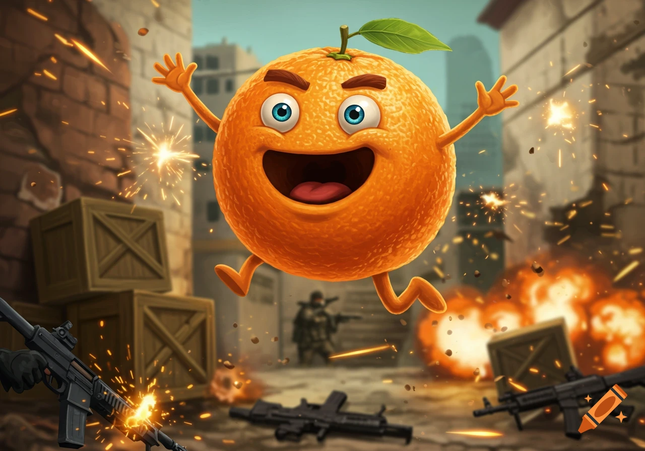 A happy, wide-eyed cartoon orange character leaps through a stylized warzone with explosions, sparks, weapons, and crates.