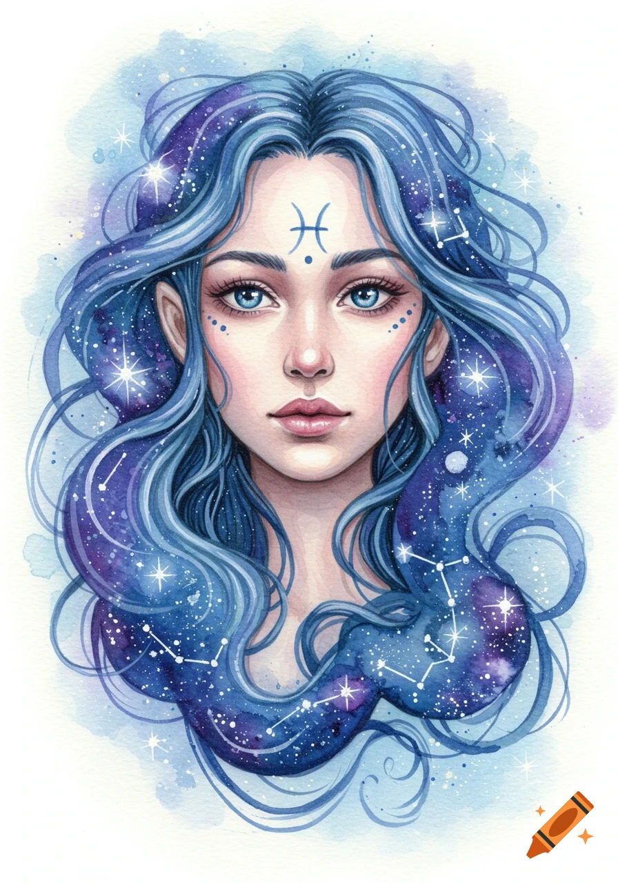 Watercolor portrait of a woman with blue, star-filled hair and a Pisces symbol on her forehead.