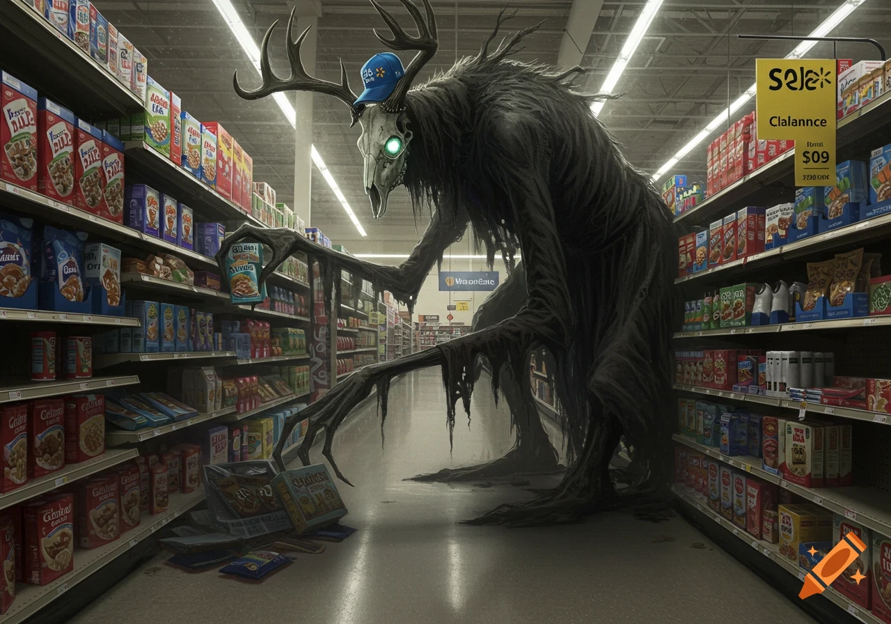 A monstrous wendigo wearing a blue hat with a logo stands in a supermarket aisle filled with various products.