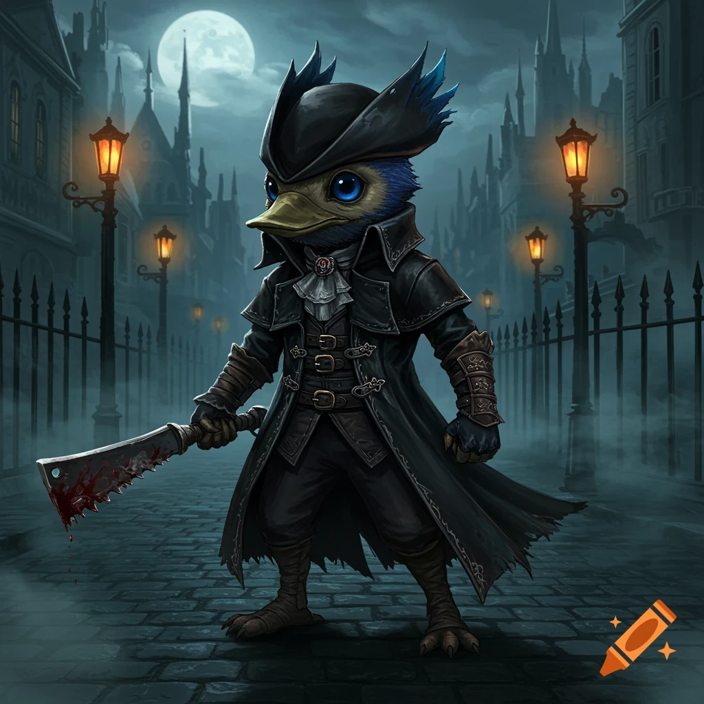 A blue duck-like creature in a black long coat and hat, holding a bloody cleaver, stands on a cobblestone street in a gothic city under a full moon.