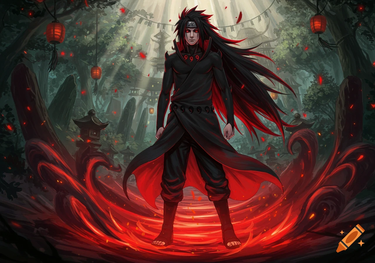 An anime character with long black and red hair, red eyes, and a black and red outfit stands in a mystical forest with red energy around them.