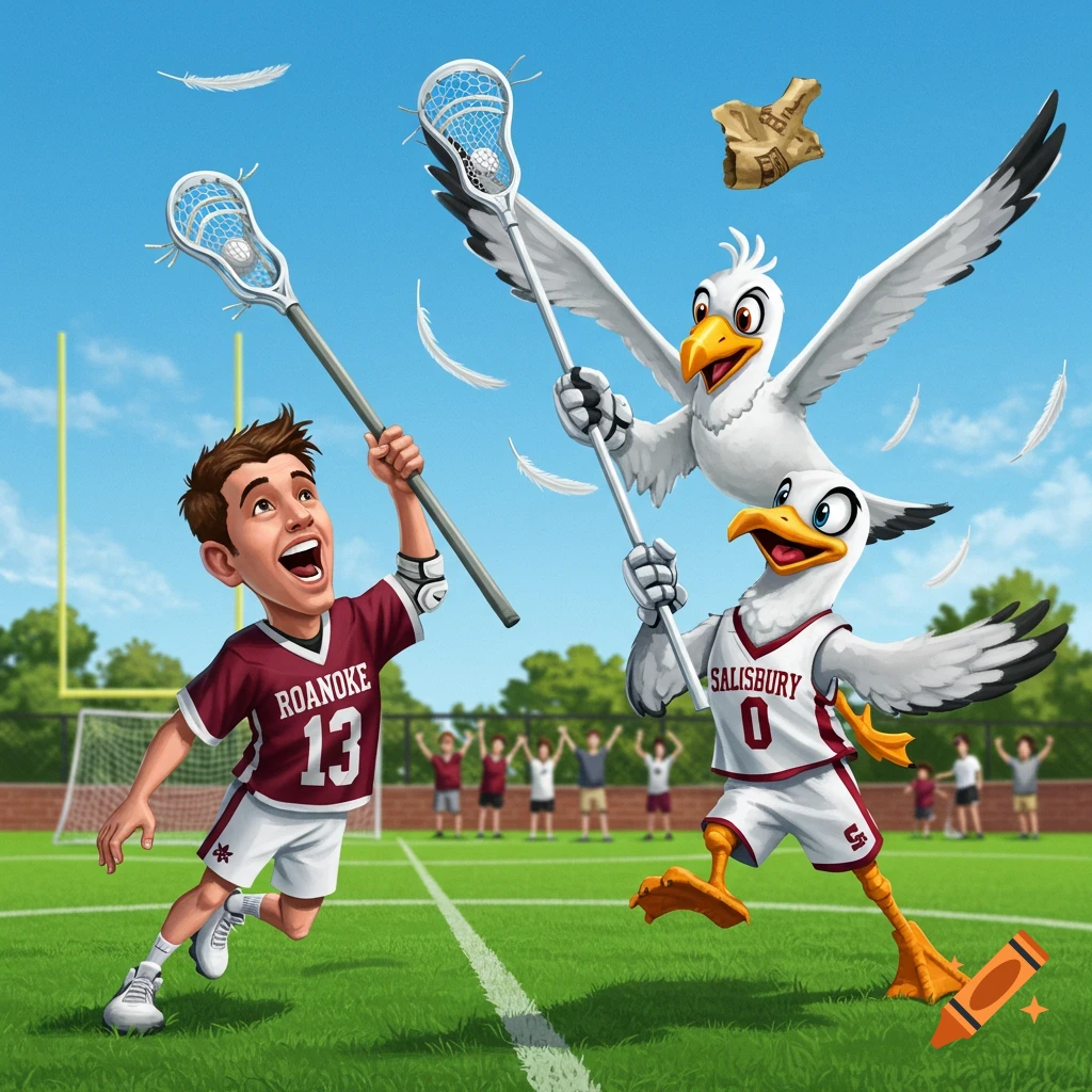 Cartoon boy in Roanoke lacrosse uniform and two Salisbury seagull mascots playing lacrosse on a field, with a falling paper bag.