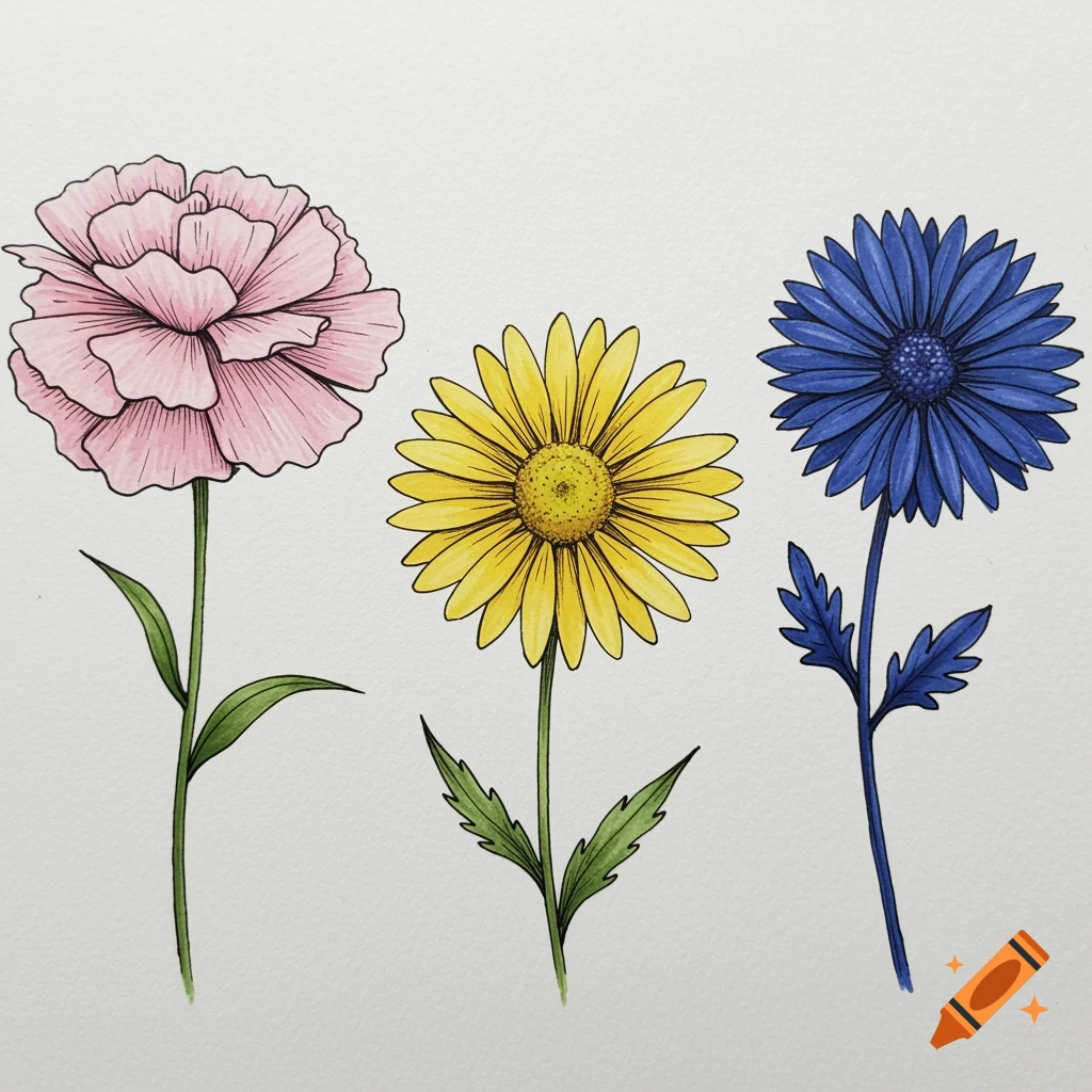 Three colorful hand-drawn flowers: pink, yellow, and blue, against a white background.
