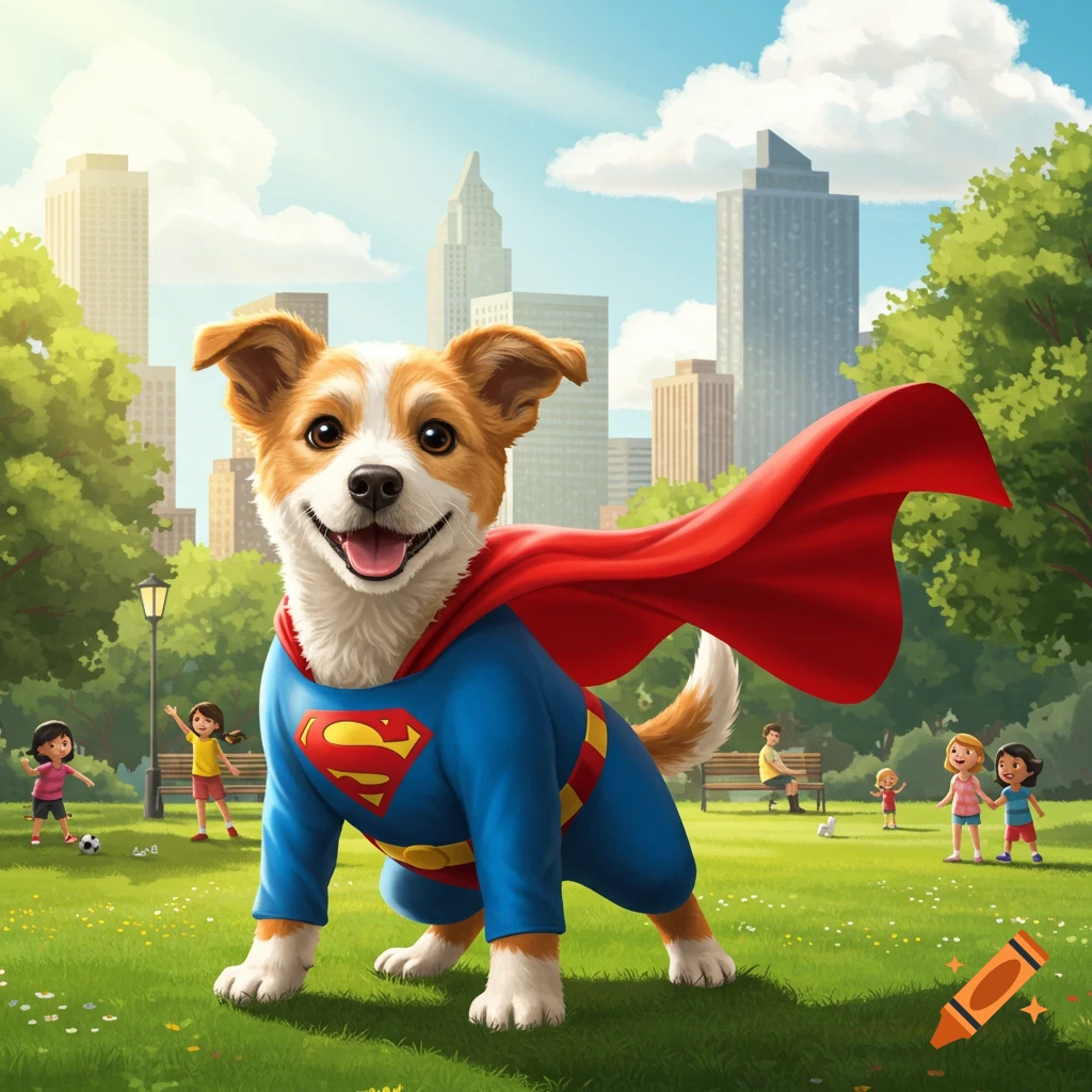 A happy dog wearing a blue Superman suit and red cape stands in a green park with city buildings in the background.