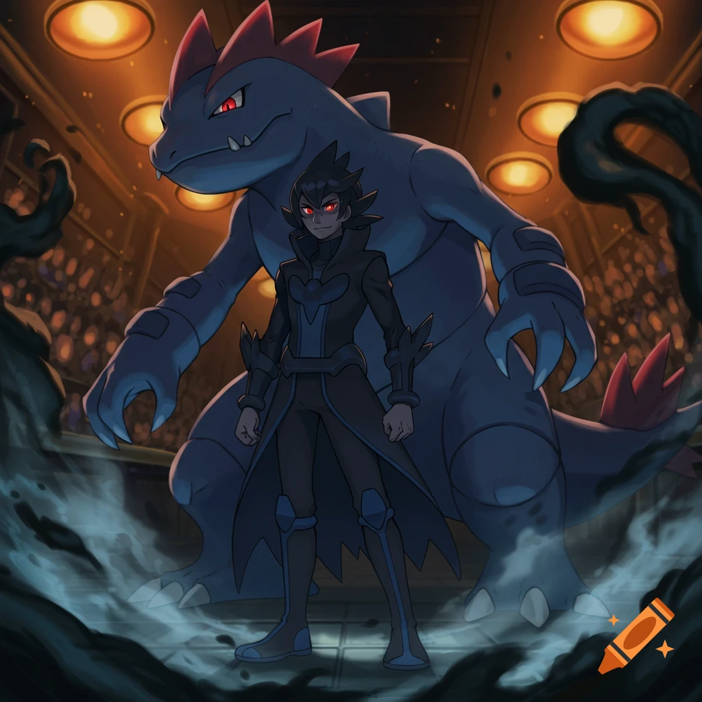 A dark anime trainer with red eyes stands with a large, blue, reptilian Pokemon in a smoky arena under orange lights.