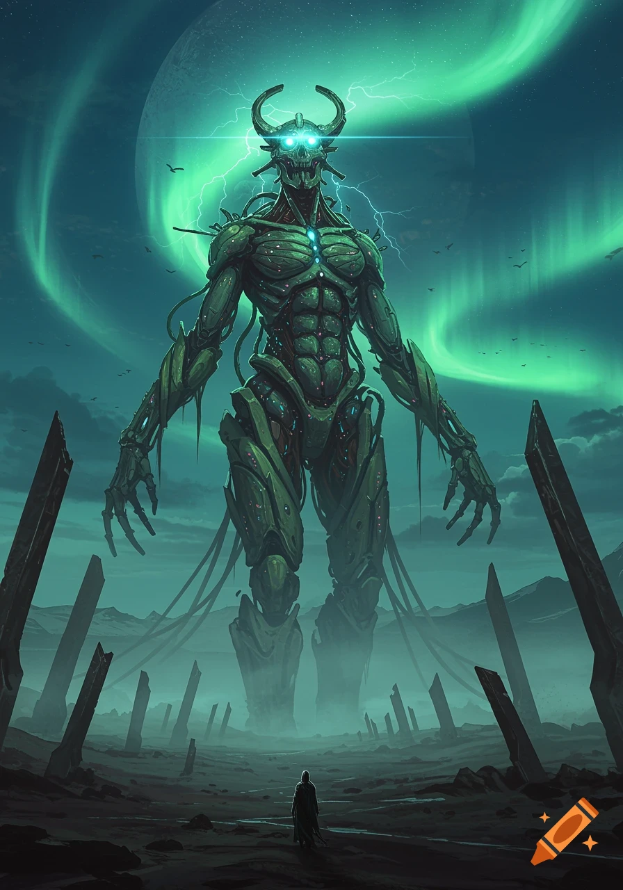 A colossal green biomechanical god with glowing eyes stands over a small cloaked figure in a desolate landscape under an aurora and large moon.