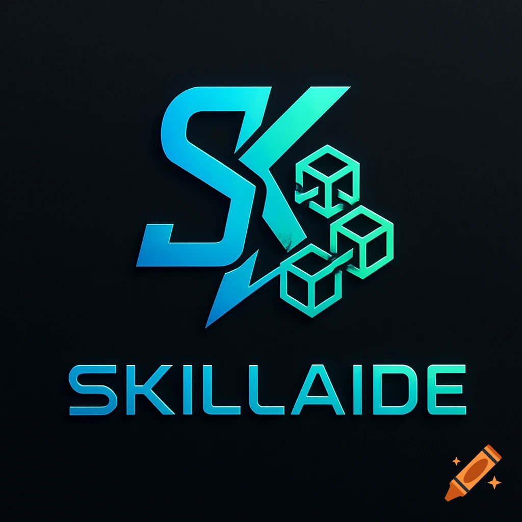 A blue and green gradient logo for 'SKillaIDE' featuring bold 'SK' letters and linked cubic shapes, with 'SKILLAIDE' text below, on a dark background.