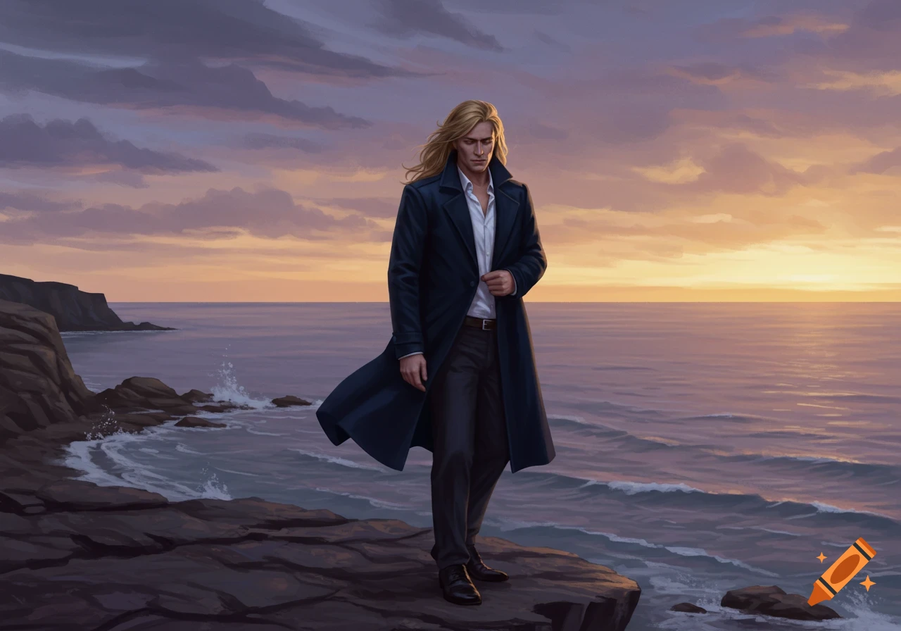 A blonde man in a dark trench coat stands on a rocky cliff overlooking the sea at sunset.