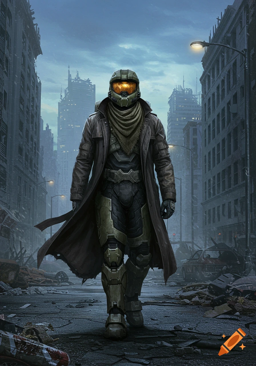 A Master Chief-like sci-fi soldier in a trench coat walks through a ruined city street.