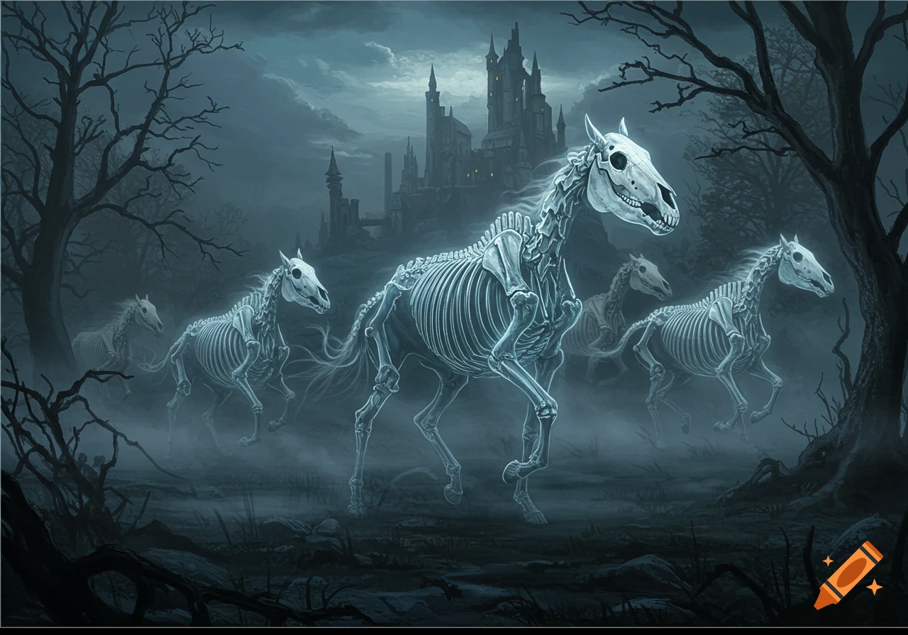 Glowing skeleton horses gallop through a foggy, dark forest with a spooky castle in the background.