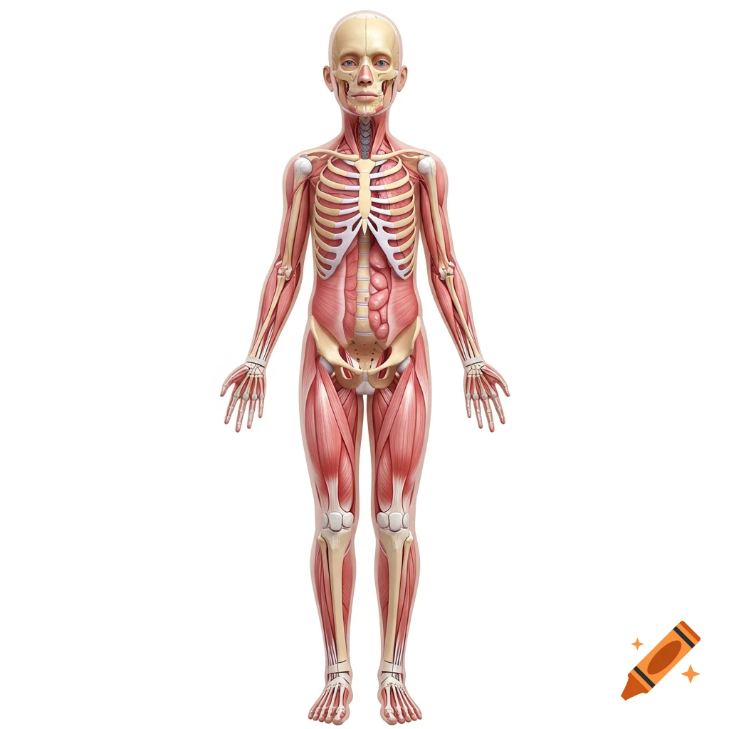 A full human body anatomical illustration showing muscles, bones, and organs on a white background.