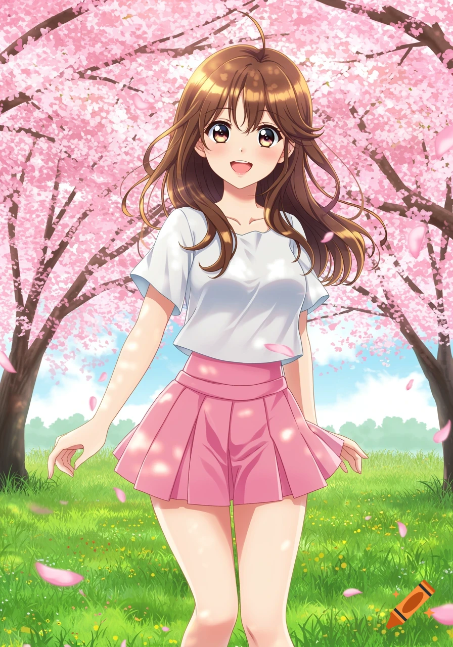 Smiling anime girl in a white shirt and pink pleated skirt stands in a field with falling cherry blossoms.