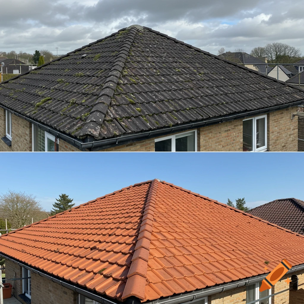 Before and after photo of a house roof, showing dirty dark tiles on top and clean red tiles on the bottom.