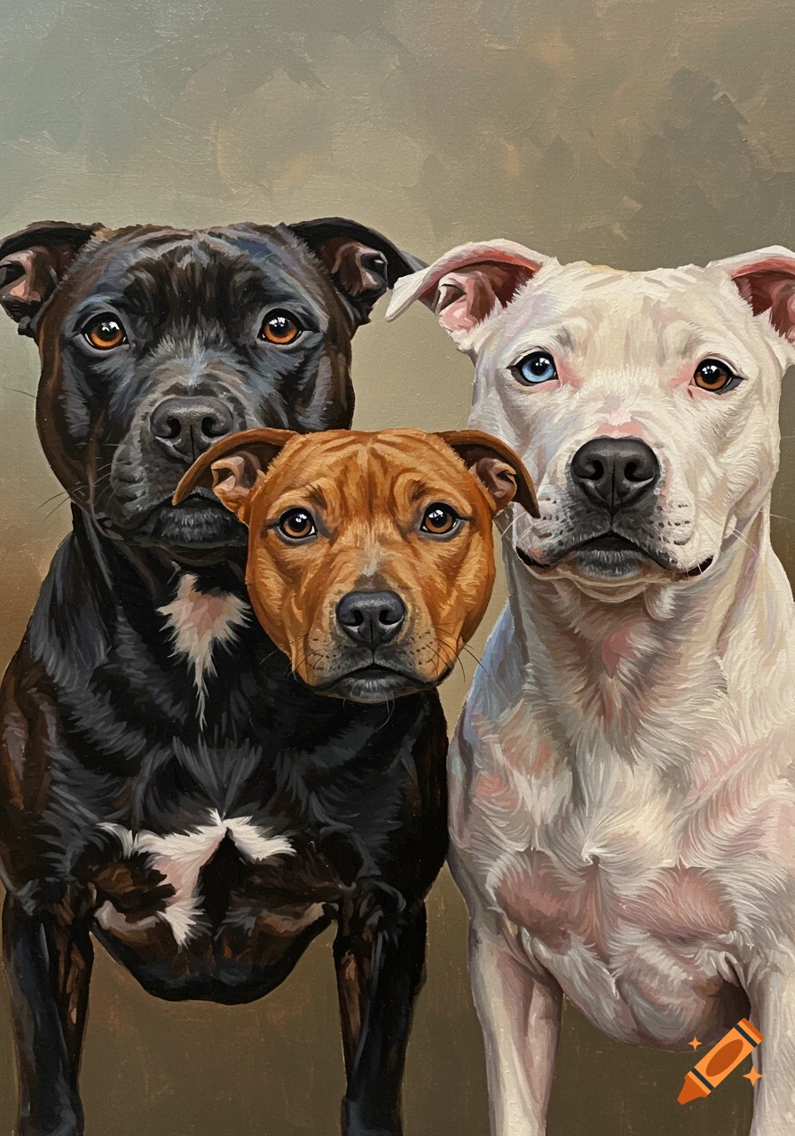 Acrylic painting of three Staffordshire bull terriers: one black, one brown, and one white with a blue and a brown eye.