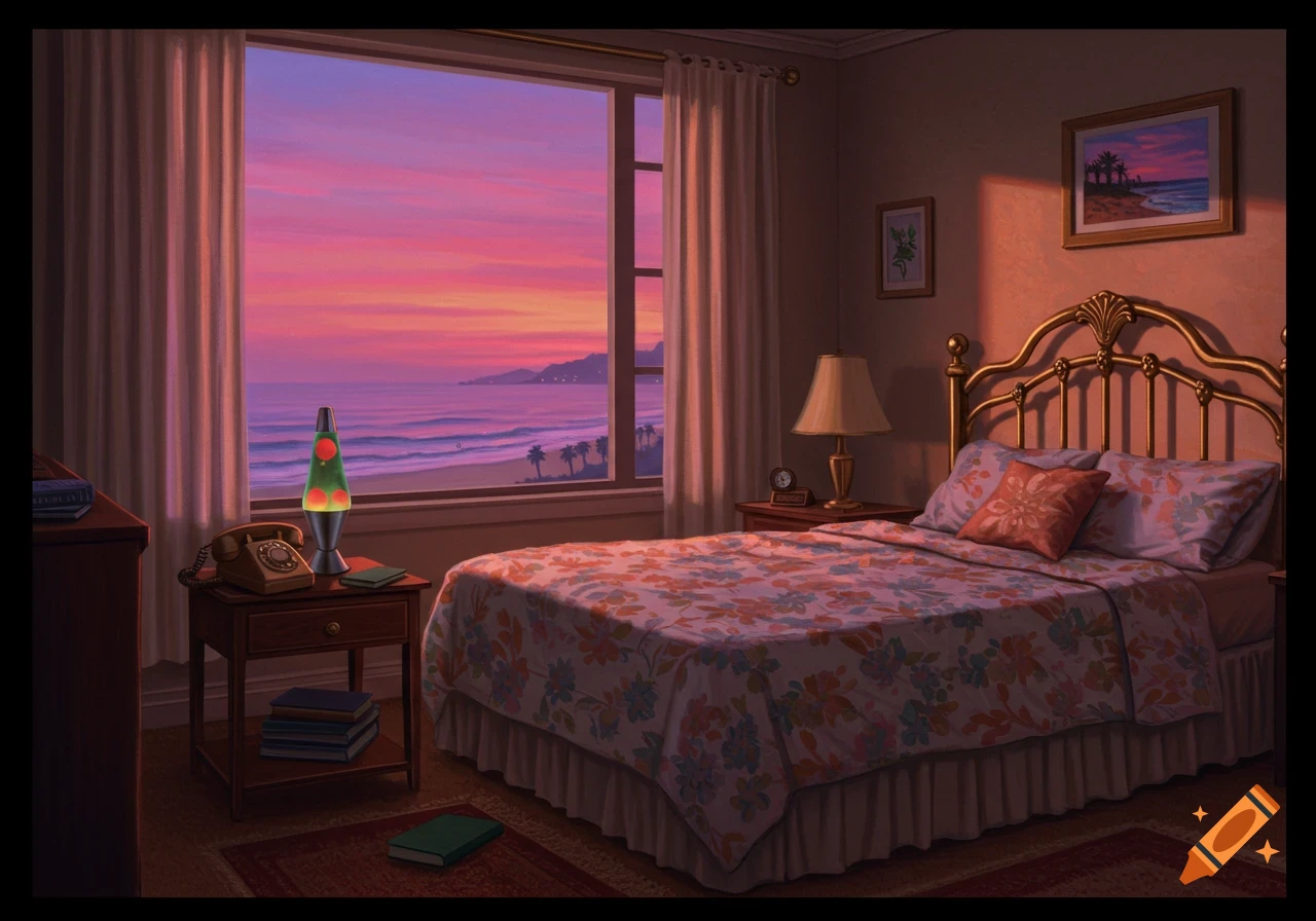An 80s-style bedroom with a lava lamp and a window overlooking a vibrant pink and purple sunset over a beach with palm trees.