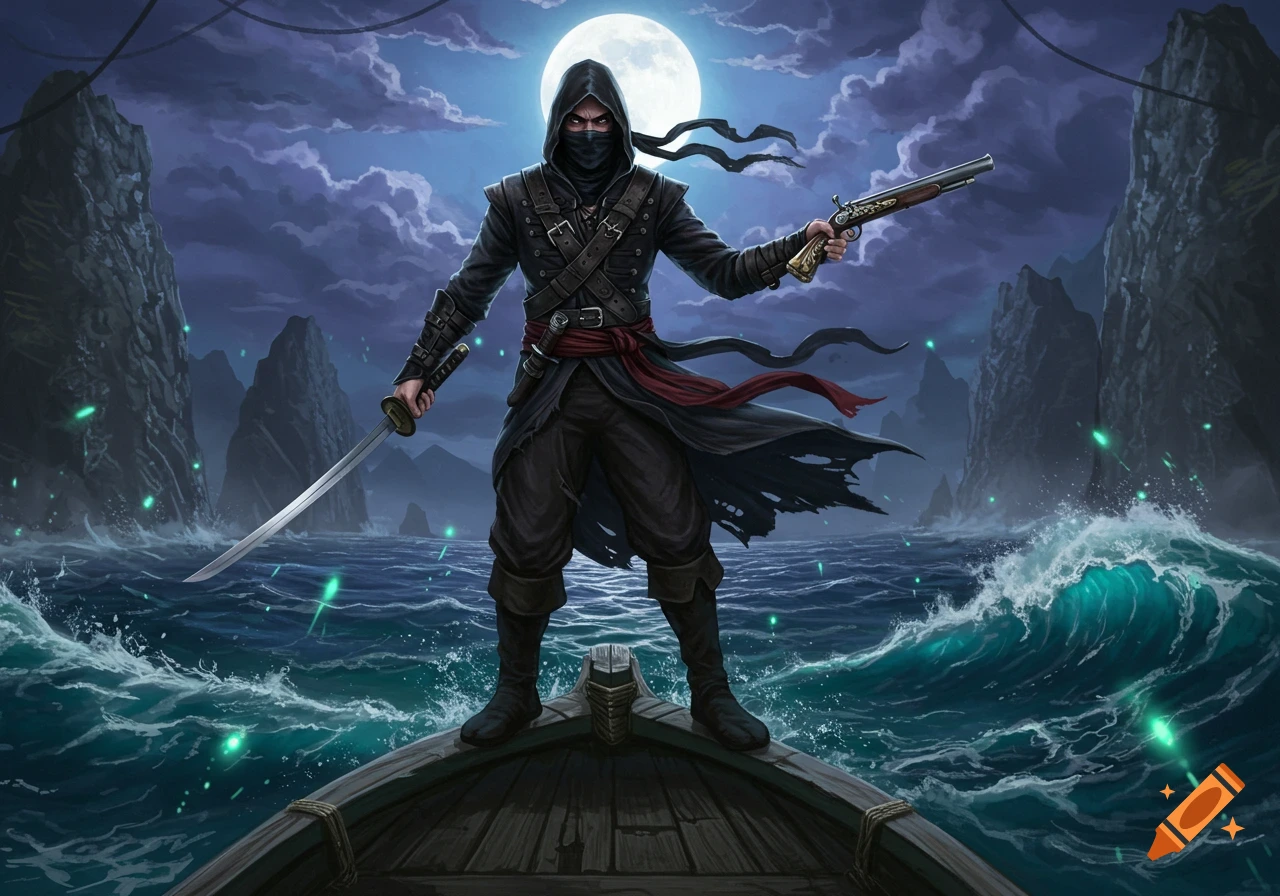 A masked ninja pirate stands on a wooden boat, holding a sword and pistol, under a full moon in a stormy sea.